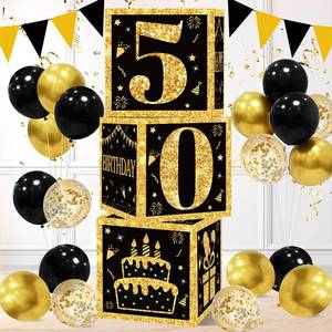 lot 8356 image: 50th Birthday Decorations Boxes for Men- 3PCS Black Gold Happy 50th Birthday Balloons Boxes, 50 Year Old Party Supplies for Men Women