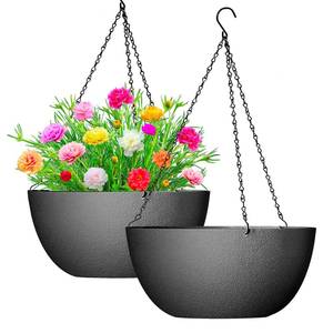 lot 9380 image: WOUSIWER 13 inch 2Pack Large Hanging Planters for Outdoor Indoor Plants with Drainage Holes and Chain, Round Hanging Flower Pots for Garden Home Porch Decor, Black