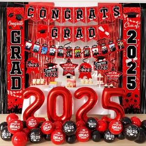 lot 9387 image: Graduation decorations class of 2025,Door porch signs,Congrats grad Hanging Swirls,Streamer Backdrop Tinsel Curtains for men women graduation party (Red)