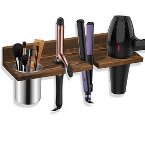 lot 9389 image: Wooden Hair Tool Organizer - Wall Mounted Holder for Blow Dryer, Flat Iron, Curling Wand, Brushes, Rustic Brown