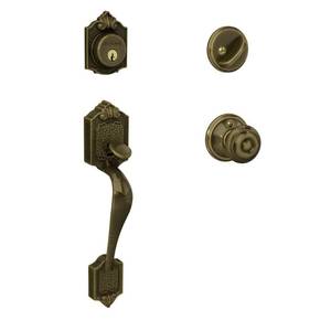 lot 9398 image: Schlage F60 V PAR 609 GEO Parthenon Front Entry Handleset with Georgian Knob, Deadbolt Keyed 1 Side, Antique Brass