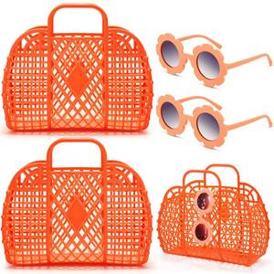 lot 9400 image: Zubebe 4 Pcs Jelly Bags Tote Basket Reusable Gift Basket Girls Beach Bag for Kid with Flower Sunglasses for Bridal Teacher(Orange)