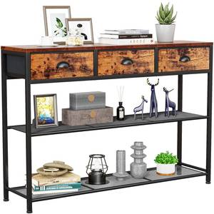 lot 9406 image: Furologee Entryway Table, 38 Console Sofa Table with 3 Fabric Drawers, Industrial Entry Way Table with Storage Shelves, Display Shelf for Living Room, Hallway, Entrance, Foyer, Rustic Brown