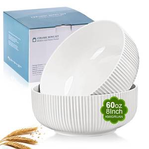 lot 9407 image: KMIGRUAN 60oz Salad Bowl Set,2 Pack Serving Bowls for Entertaining,8inch Large White Ceramic Bowl for Side Dishes,Soup, Pho, Cereal, Pasta, Fruit, Microwave and Dishwasher Safe