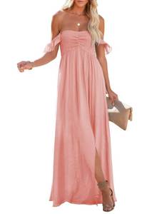 lot 10031 image: Happy Sailed Pink Dress for Women 2024 Summer Strapless Off Shoulder Smocked Maxi Dresses Flowy A Line Side Slit Sundress Pink Medium