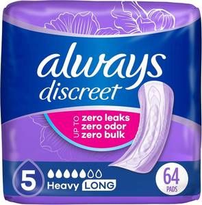 lot 10032 image: Always Discreet Adult Incontinence Pads for Women, Heavy Absorbency, Long Length, Postpartum Pads, 32 Count x 2 Packs (64 Count Total) (Packaging May Vary)