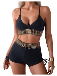 lot 10033 image: GORGLITTER Womens Contrast Embroidery Bikini Set 2 Piece Textured Twist Bra Ruched Swim Shorts Swimsuit Black Small