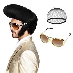 lot 10057 image: Pre-styled Man Wig and Glasses Necklace, Black Wig with Sideburns Men 50s Rock Star Disco Singer Hair Wig Rocker Costume for Halloween Cosplay Party  Cap
