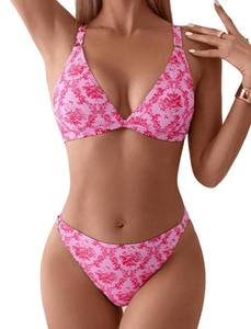 lot 10061 image: ZAFUL Womens 2 Piece Floral Print Swimsuit Triangle String High Cut Bikini Sets Bathing Suit(2-Pink, L)