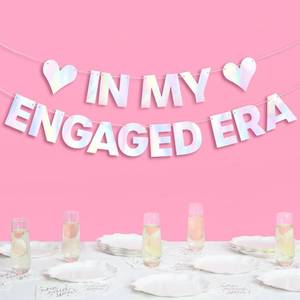 lot 10072 image: xo, Fetti In My Engaged Era Iridescent Foil Banner - 5 Ft.  Bachelorette Party Decoration, Cute Photo Booth, Bride To Be Backdrop, Bridal Shower Supplies, Engagement Decor
