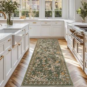lot 10074 image: jinchan Floral Washable Runner Rug 2x5 Vintage Spring Summer Hallway Rug Non-Slip Lightweight Soft Thin Kitchen Low Pile Distressed Orange Green Carpet for Bathroom Laundry Room Bedroom Entryway