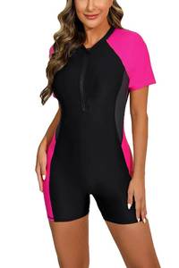 lot 10095 image: Halcurt Womens Boyleg One Piece Rash Guard with Built in Bra UPF50 Zip Long Sleeve Full Body Modest Swimsuit Neon Pink Black Gray M