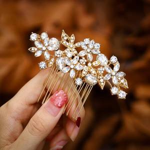 lot 10121 image: Foyte Crystal Bride Wedding Hair Comb Silver Flower Bridal Headpieces Leaf Hair Pieces Rhinestone Bridesmaid Side Combs Hair Accessories for Women (gold flower)