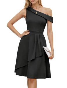 lot 10128 image: Dressystar Women Summer One Shoulder Ruffle Dresses Wedding Guest Sleeveless A Line Wrap Cocktail Formal Knee Length Dress with Pockets Black XL