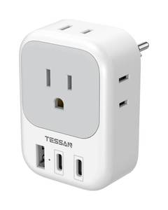lot 10481 image: TESSAN Switzerland Travel Plug Adapter, Type J Switzerland Power Adapter with 4 Outlets 3 USB (2 USB-C), Swiss Plug for US to Rwanda Jordan Liechtenstein Madagascar, Travel Essentials