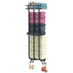 lot 11743 image: Metal Storage Shelves with 3 Bar Towel Racks, Wall Mounted Organizer for Bathroom, Folded Large Towel Washcloths Holder with 4 Hooks
