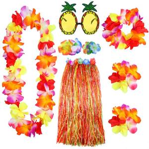 lot 12238 image: Elcoho 8 Pieces Grass Skirt Sunglasses Leis Necklace Bracelet Set Luau Decorations for Kids and Adults