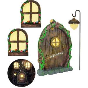 lot 14012 image: Dmyifan Resin Fairy Door & Window Set with Glow in The Dark Windows, Miniature Sculpture for Trees, Outdoor Decor Accessories