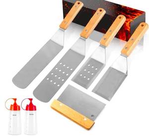 lot 14027 image: 7 Piece Stainless Steel Metal Spatula Set-Burger Flipper-4 Spatulas, Chopper, Scraper,  2 Bottles-for BBQ Grill Flat Top Blackstone