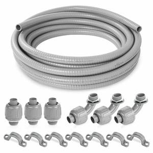lot 1001 image: (12 Dia  25 Feet) Yariwiz Flexible Electrical Conduit Liquid Tight PVC Conduit Kit with 3 PCS Coupling, 3 PCS Elbow and 7 PCS Strap, Sealtight Seal Flex Liquidtight Wire Outdoor Non Metallic Grey