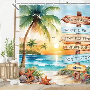 lot 1019 image: Riyidecor Tropical Palm Tree Shower Curtain for Bathroom Decor 72Wx78H Coastal Nautical Beach Ocean Sunset Positive Quotes Sunrise Art Printed Fabric Polyester Waterproof 12 Pack Plastic Hooks