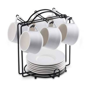 lot 1084 image: YHOSSEUN Espresso Cups Set with Saucers and Metal Stand Coffee Cup Set of 6 4 oz Cappuccino Cups Teacup for Tea Party - White