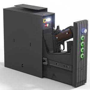 lot 1090 image: SOULYI Biometric Gun Safe for Handgun, 3 Way Quick Access Auto Sliding Door Bedside Pistol Safe for Nightstand, Desk, Vehicle with Fingerprint, PIN Code, Key Lock, LED Light, and Silent Mode - Retail $96.78