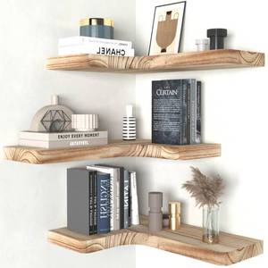 lot 1091 image: SAUMONIERES Corner Floating Shelves Wall Mount Shelf Solid Wood for Bedroom Bathroom Room Kitchen Storage Set of 3, Rustic Torched, Invisible Brackets