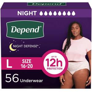 lot 1093 image: Depend Night Defense Adult Incontinence & Postpartum Bladder Leak Underwear for Women, Disposable, Overnight, Large, Blush, 56 Count (4 Packs of 14), Packaging May Vary