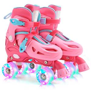 lot 1146 image: 2PM SPORTS 4 Size Adjustable Light Up Roller Skates for Girls, Flashing 4 Wheels, Beginner Kids Rollerskates for Age 5-8 8-12 - Red Medium