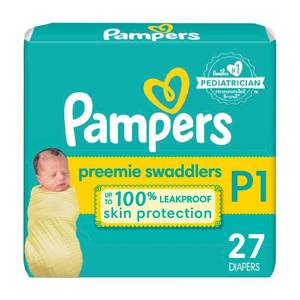 lot 1147 image: Pampers Baby Diapers - Swaddlers - Size P1, 27 Count, Ultra Absorbent Disposable Preemie Diaper