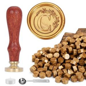 lot 1152 image: Yoption Vintage Letter C with Wreath Wax Seal Stamp Kit with 120 Antique Gold Wax Seal Beads