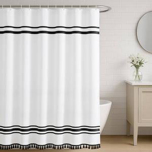 lot 1920 image: Seasonwood Black and White Shower Curtain 78-Inch Striped Shower Curtain for Bathroom Sets with Tassels Farmhouse Extra Long Shower Curtains Fabric 72x78