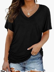 lot 1936 image: Womens V-Neck Short Sleeve Dolman T-Shirt with Side Shirring - Grey XL