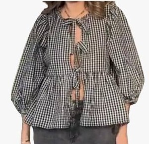 lot 1940 image: MANGMAO Womens Gingham Tie Front Peplum Blouse with Puff Sleeves Large