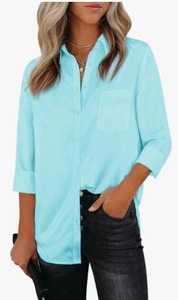 lot 1941 image: Womens Button Down Chiffon Blouse with 34 Sleeves Turquoise XL