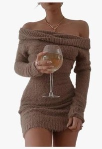 lot 1965 image: FAIRY SEASON Off Shoulder Sweater Mini Dress Long Sleeve Brown Ribbed Bodycon Beige Small