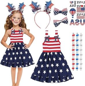 lot 1933 image: Matreeglam Star Dress, Bowknot Stripes Sleeveless Princess Dress,Hairband Hairclip Stickers for Patriotic Activities 110