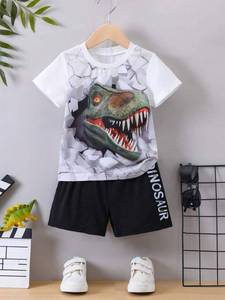 lot 1951 image: 3D Dinosaur T-Rex Kids Outfit Set - White T-Shirt with Black Shorts