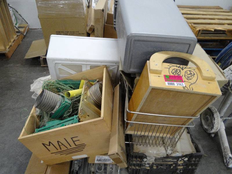 lot 2463 image: Pallet of Misc. 8 Trashcans, Hardware, Cord