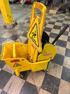 lot 763 image: Rubbermaid mop, bucket, and floor sign