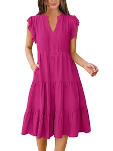 lot 2038 image: ANRABESS Womens Summer Dress Ruffle Sleeve V Neck Midi Dresses Fashion Casual Fit Flowy Tiered Boho Beach Vacation Sundress Hot Pink-XL
