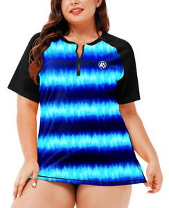 lot 2040 image: Womens Rash Guard Shirts Plus Size Short Sleeve Zip Swim Shirt Loose Fit SPF 50 Quick Dry Surf Shirts Navy 2X