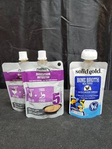 lot 2080 image: 3pk - Cat Food ,1 - Solid Gold Bone Broth Meal Toppers for Cats - Grain Free Cat Food Gravy, Chicken, 2 - Pure Bites 2.5 oz Squeezable Gut & Digestion Creamy Cat Treat