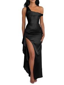 lot 2084 image: Sougoue Off Shoulder Prom Dresses 2025 Black Mermaid Bridesmaid Dresses Satin Corset Cocktail Party Dress with Slit US8