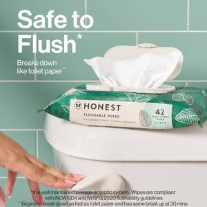 lot 2129 image: The Honest Company Flushable Wipes for Sensitive Skin  Fragrance Free, Hypoallergenic, 99% Water, Safe to Flush  pH Balanced Feminine Wipes  Tropical Leaves, 42 Count