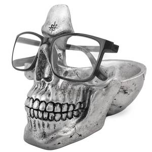 lot 2147 image: VIPbuy Skull Glasses Holder Stand with Storage Tray , Novelty Eye glasses Holder Rack for Nightstand, Resin Skull Head Sculpture Statue Home Office Desk Decor Gift (Silver)