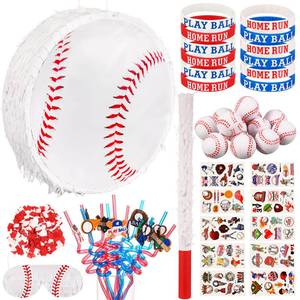 lot 2194 image: Hiboom 60 Pcs Baseball Party Favors Set 1 Baseball Small pi�ata Bat 1 Blindfold 1 Bag of Confetti 12 Silicone Bracelet 12 Straws 12 Small Baseball 20 Sticker Baseball Birthday Party Supplies