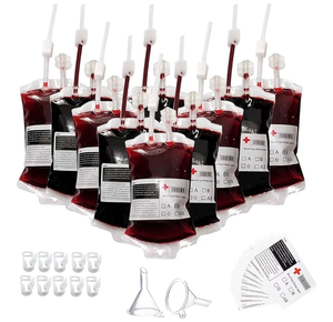 lot 2262 image: Blood Bags for Drinks,Set of 10 Blood Bags for Drink, with 2 Funnels 10 Labels and 10 Clips,Reusable Halloween Drink Pouches, Vampire Nurse Hospital Theme Party Props,Zombie Christmas Theme Parties