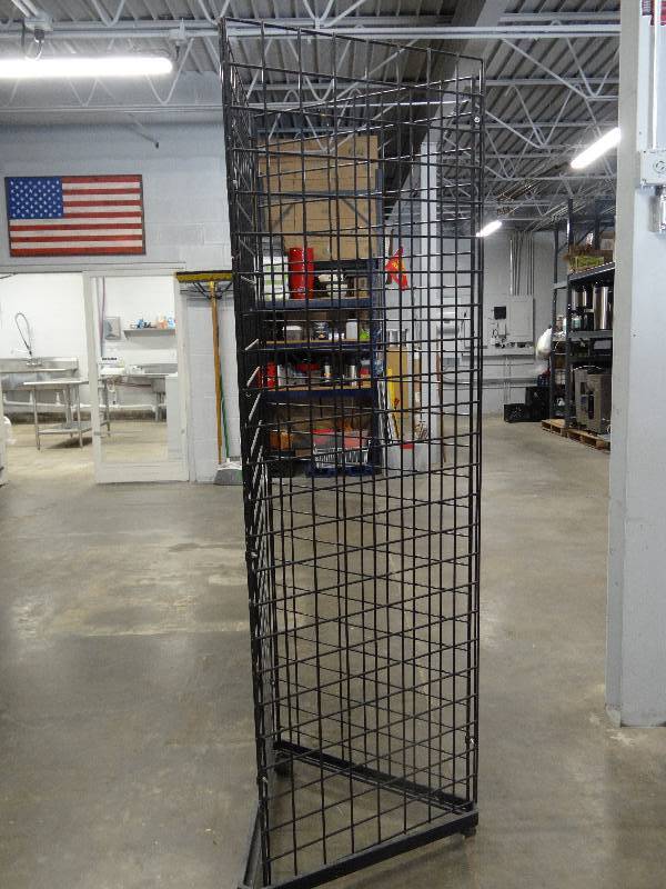 lot 2216 image: 3-Sided Black Metal Display Rack On Casters With Baskets